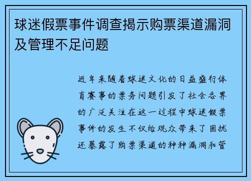 球迷假票事件调查揭示购票渠道漏洞及管理不足问题 球迷假票事件调查揭示购票渠道漏洞及管理不足问题